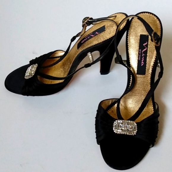 NINA RICCI Black High Heels Jeweled Toe Rhinestone Button  Size 8m - Picture 3 of 11